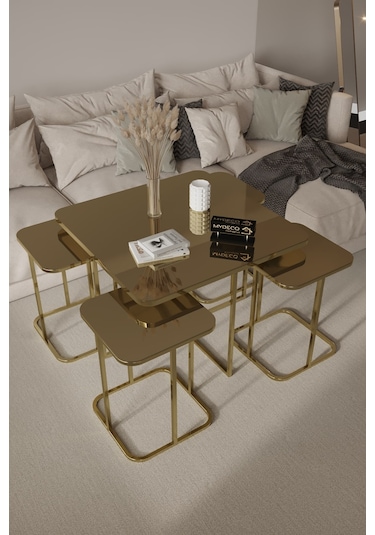 4+1 Gold Kaplama Bronz Ayna Radüslü Orta Sehpa