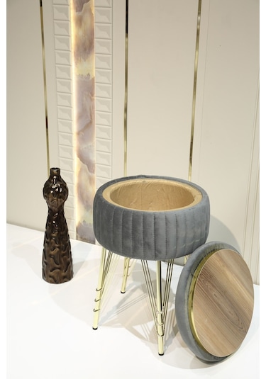 Bianco Metal Ayaklı Puflu Zigon Sehpa Altın Antrasit Gri Gold Anthracite Gray