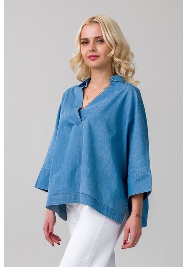 Kadın Gömlek Yakalı Yaka İndigo Mavi Kol Ucu Manşetli İnce Kot Kumaş Bluz Açık Mavi