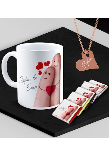 Kişiye Özel Sevgililer Temalı Kupa Madlen Çikolata Ve Rose Kalp Kolye Set - 86