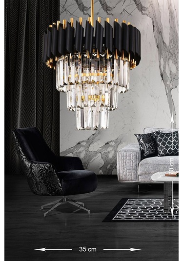 Palmira 35'lik Kristal Taşlı Lüks Avize - Siyah - Gold Siyah