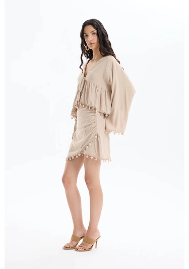 Quzu Midye Kabuk Aksesuarlı Keten Bej Kadın Etek Etk00451 Bej