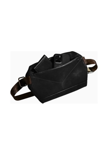 Ryoko S Pore Premium Full Grain Deri Sling Çapraz Vücut Çantası Çapraz Çanta Siyah 2