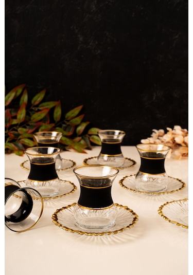 Mest 12 Parça 6 Kişilik Siyah Gold Yaldızlı Cam Çay Bardağı Seti Sofralarınıza Şıklık Ve Zarafet Katın Siyah Gold