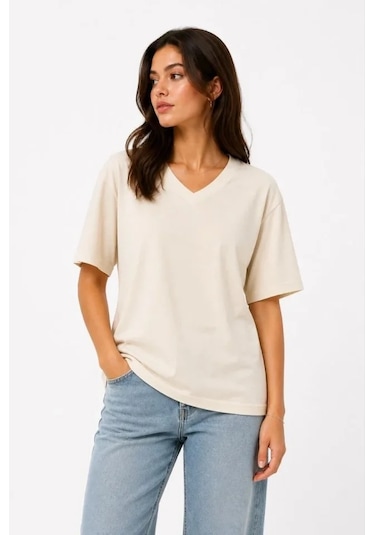 Defymoda V Yaka Basic Tişört Kısa Kol Yazlık Regular Fit T-shirt - Bej
