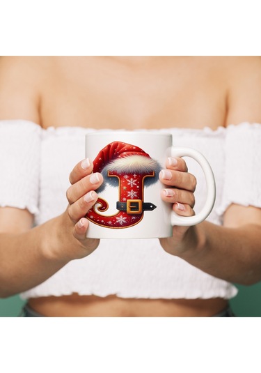 J Harfi Yılbaşı Temalı Bardak 330 Ml Harfli Kişiye Özel Hediye - Yeniyıl / Noel Şapka Tasarım Beyaz