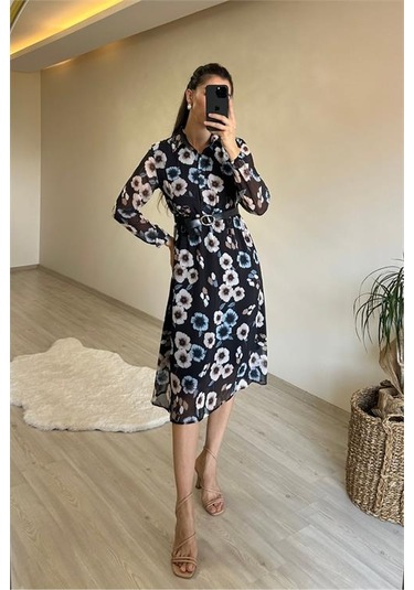 Neşeli Butik Kadın Desenli Gömlek Yaka Midi Elbise Nm011 Mint Yeşili