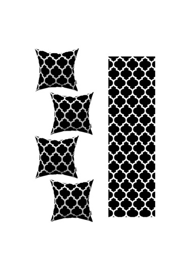 Siyah Beyaz Modern Geometrik Desenli 4'lü Kırlent Kılıfı 1 Runner Seti 4kmbs234-rs