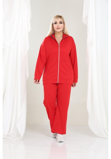 Kadın Büyük Beden Fermuarlı Uzun Kollu Rahat Günlük Eşofman Takım Kırmızı