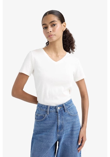 Defacto Slım Fıt Basıc Ekru Kadın T-shirt I1080az/er105 Ekru