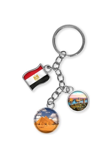 Mısır Üçlü Epoksi Metal Çift Taraflı Damla Anahtarlık Egypt Gümüş