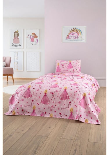Gofret Detaylı Prenses Baskılı Çocuk-genç Odası Tek Kişilik Pike Pembe