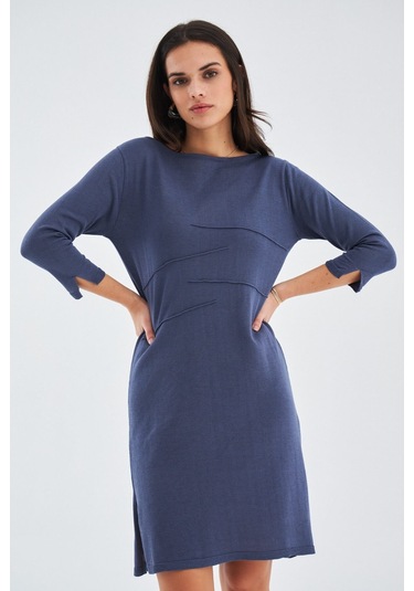 Peraluna Kayık Yaka Sade Yazlık Kadın Triko Elbise Gri- Mavi