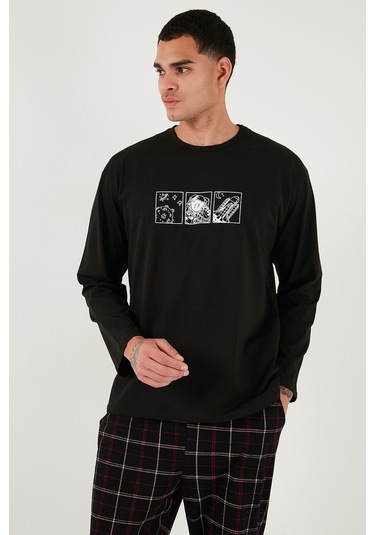 Buratti Ekoseli Pamuklu Regular Fit Yüksek Bel Bisiklet Yaka Erkek Pijama Takımı 6574000 Siyah