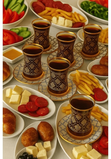 12 Parça Altın Yaldız Desenli Çay Bardağı Ve Desenli Tabak Seti Çok Renkli