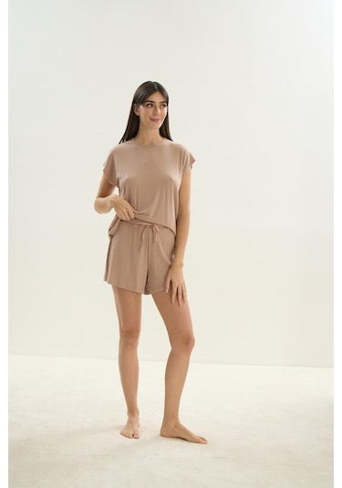 Kadın Kısa Kol Şortlu Bej Pijama Takım C9t6n0o61 001