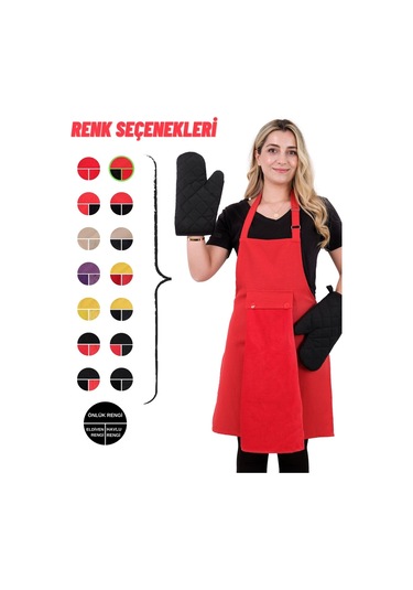 Star Ayar Askılı Havlulu 4lü Mutfak Önlüğü Seti 2 Eldiven Kırmızı-kırmızı-siyah