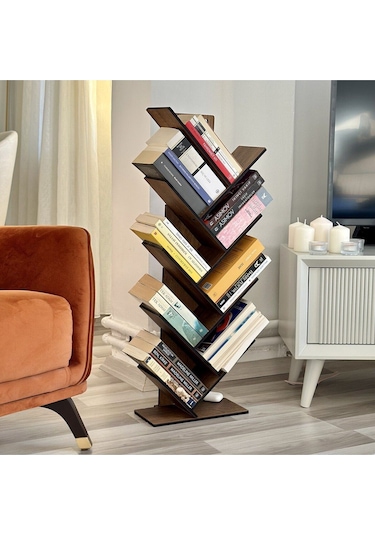 Mk10 - Geometrik 8 Raflı Ağaç Kitaplık Ceviz