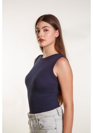 Kadın Lacivert Fitilli Likralı Sıfır Kol Bisiklet Yaka Örme Atlet Tshirt Bluz Lacivert