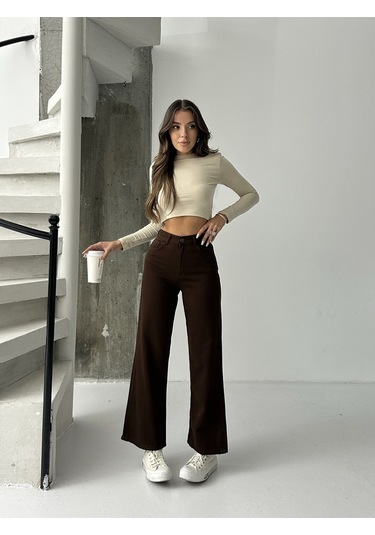 Kadın Yüksek Bel Keten Boyfriend Bol Paça Kahverengi