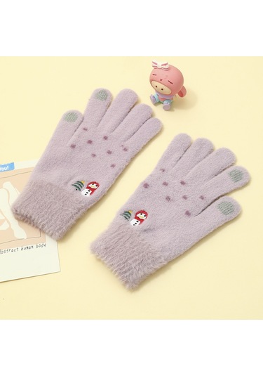 Çocuklar Ve Bayanlar İçin Yeni Kadife Kalınlaştırılmış Sıcak Kardan Adam İşlemeli Dokunmatik Ekran Eldivenleri Kışlık Örme Eldivenler