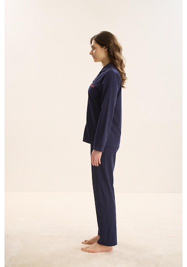 Kadın Uzun Kol Önden Düğmeli Lacivert Pijama Takım C3t9n9o51 001