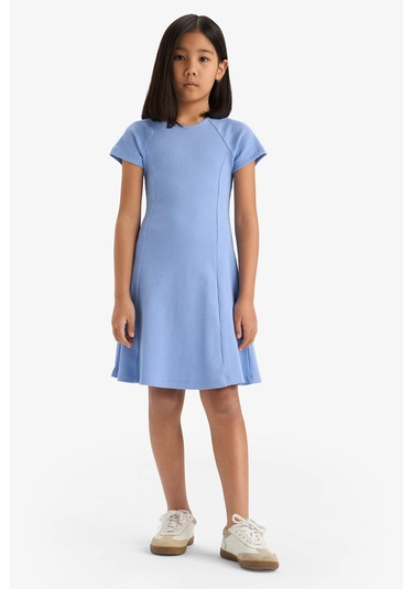 DeFacto Kız Çocuk Bisiklet Yaka A Kesim Basic Düz Fitilli Kaşkorse Kısa Kollu Yazlık Elbise E5801A825SMBE113