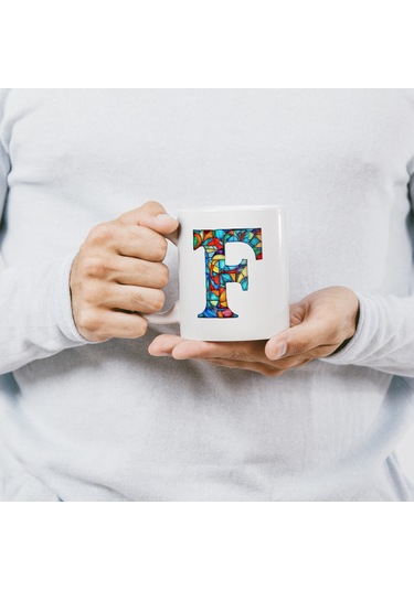 F Harfi Bardak 330 Ml İsme/harfe Özel Hediye, Renkli Harf Tasarım Beyaz