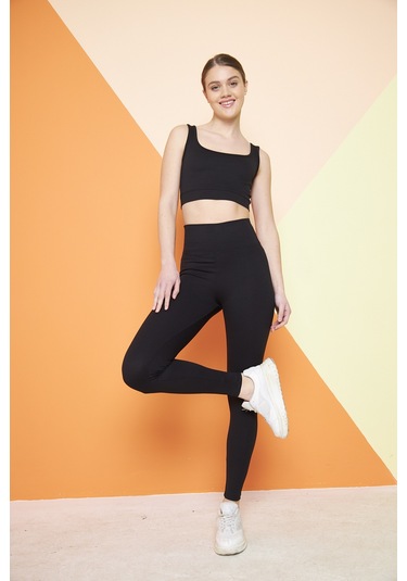 Haki Yüksek Bel Fitilli Toparlayıcı İnterlok Örme Şardonlu Spor Kışlık Tayt SiYAH
