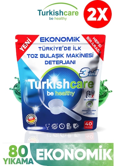 Turkishcare Ekonomik Hepsi Bir Arada Bulaşık Makinesi Deterjanı Toz 40x2 80 Yıkama