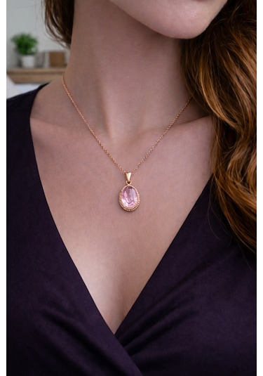 Kadın Bakır Kolye Doğal Açık Pembe Taşlı Minimal Model Kolye Diğer