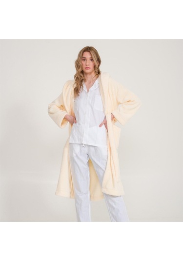 Uzun Welsoft Kapüşonlu Kadın Sabahlık Ekru