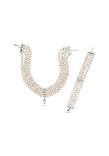 6,5 Mm Choker Zirkon Taşlı Doğal İnci Kolye Bileklik İkili Set