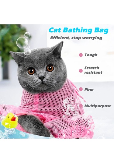 Geeksen Kedi Yıkama Torbası - Kaşıntı Ve Isırık Koruyucu, İlaçlama, Tırnak Kesme, Kulak Temizleme İçin Elastik Mesh Malzeme Pembe