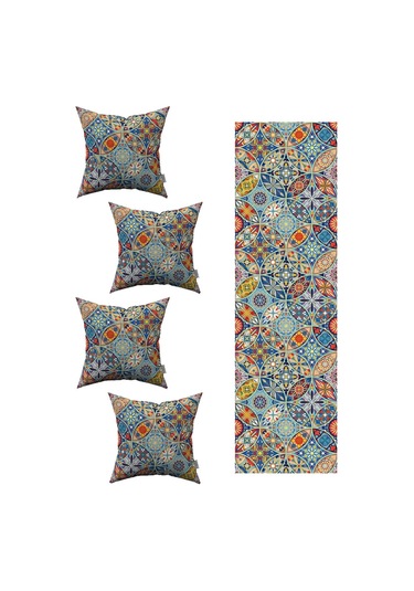 Mavi Retro Vintage Desenli 4'lü Kırlent Kılıfı 1 Runner Seti 4kmbs227-rs