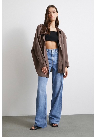 Oversize Cepli Modal Gömlek Kahve Kahve