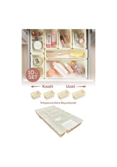 10'lu Set Ayarlanabilir Çekmece Içi Düzenleyici Kutu Uzayıp Kısalabilen Organizer Seti 5a2b2c1d Krem