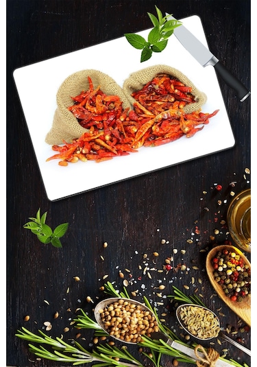 Kurutulmuş Biber Desenli Cam Kesme Tahtası 30 Cm X 40 Cm