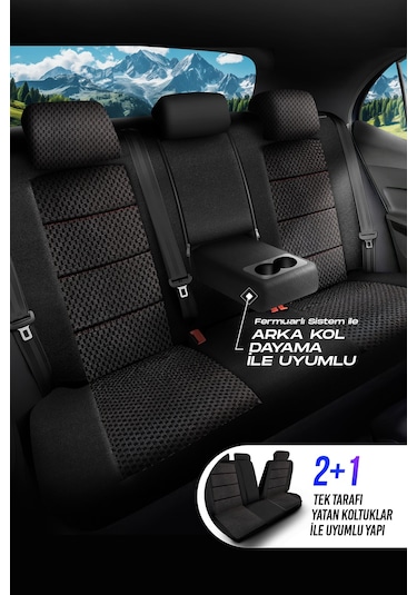 Siyah - Kırmızı Garni Panda Dragon Serisi Dokuma Kumaş Oto Koltuk Kılıfı - Tam Set