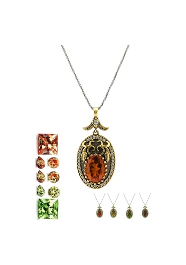 Lale Motifli Oval Zirkon Taşlı Renk Seçenekli Otantik Ayarlanabilir Gümüş Kolye Gümüş