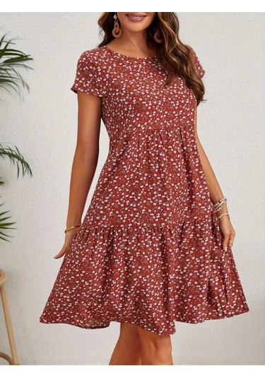 Kadın Kısa Kollu Bisiklet Yaka Çiçek Desenli Süprem Elbise Bordo