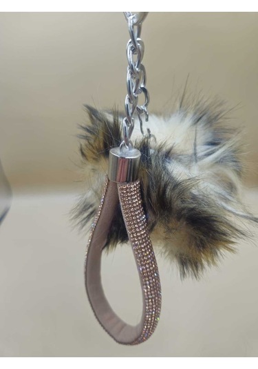 Camel Taşlı Tilki Tüyü Leopar Desenli Angel Anahtarlık