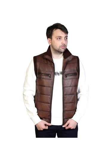 Asyaclub Max Hakiki Deri Erkek Taba Trikolu Şişme Yelek Kahverengi