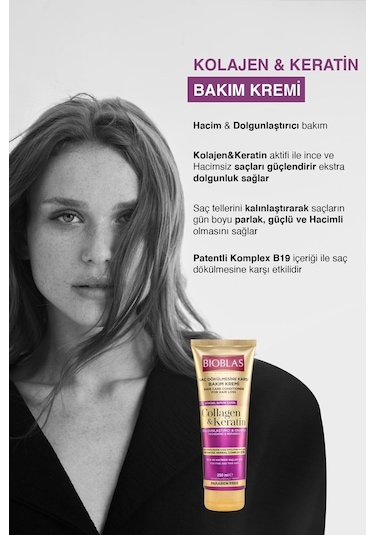 Bioblas Keratin Kolajen Saç Bakım Kremi 250 Ml - Onarıcı, Dolgunlaştırıcı, Kolay Tarama