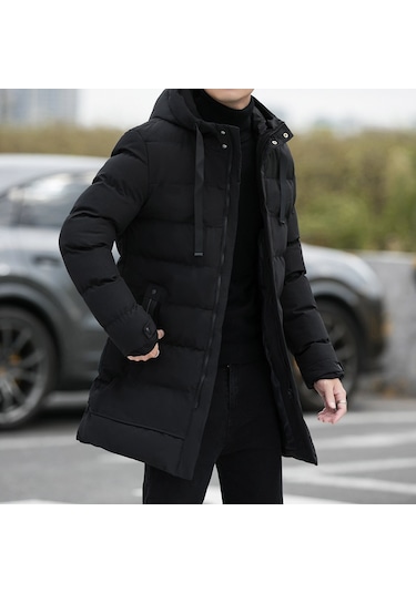 Orta Kalınlık Kışlık Rahat Ve Hafif Pamuklu Kapüşonlu Moda Erkek Mont Siyah