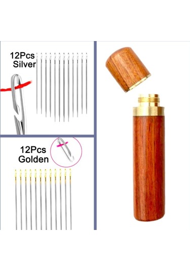 Omeniv 24 adet Özel Dikiş İğnesi Doğal Ahşap Pirinç Kutu