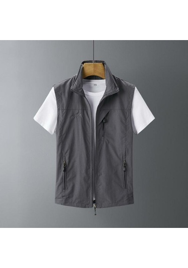 Büyük Beden Erkek İlkbahar Yaz Açık Hava Yeleği Günlük Balıkçılık Yeleği Dik Yaka Kolsuz Ceket Gri
