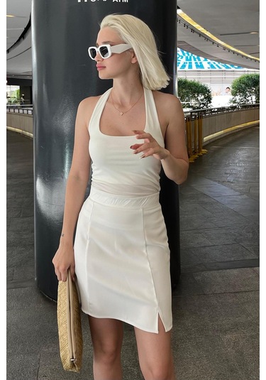 Madmext Beyaz Yüksek Bel Önden Yırtmaçlı Kısa Etek Mg2086 Beyaz