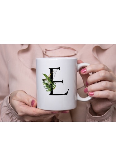E Harf Zarif Yaprak Desenli Kupa Bardak - Naturel Sade Alfabe Harfli Bardak - Kişiye Özel Hediye Beyaz