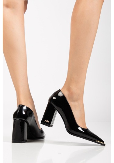 Suins Premium Verty Model Kadın Kalın Topuklu Burnu Taşlı Rugan Stiletto Ayakkabı Siyah